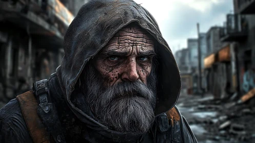 Weathered survivor in hooded coat within ruined cityscape.