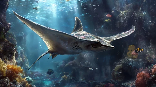 Giant manta ray glides through sunlit coral reef scene.