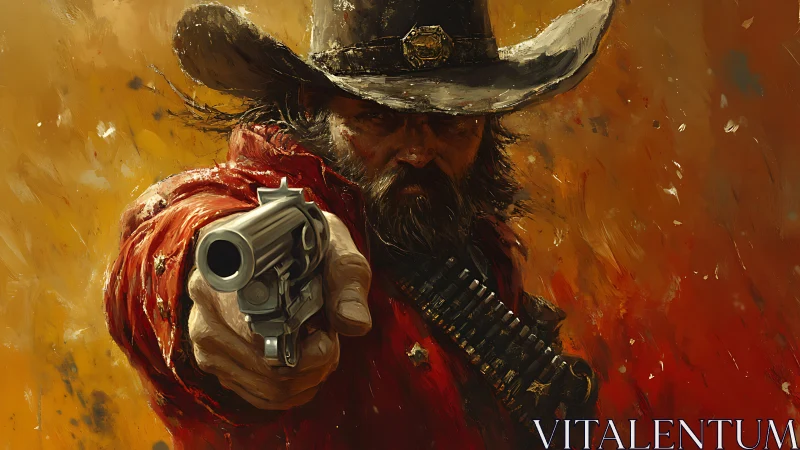Dynamic cowboy gunslinger portrait in painterly Western style.