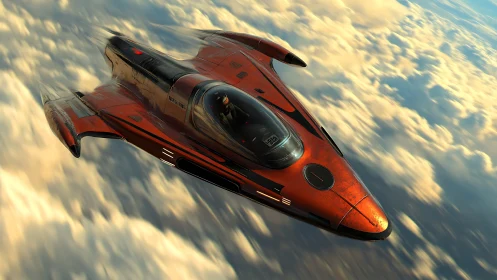 Futuristic orange spacecraft gliding above dense cloud layer.