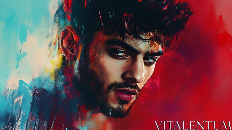 Brooding male portrait emerges from vivid red and cyan haze.