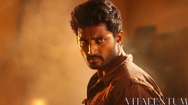 Brooding man in warm cinematic portrait lighting setup.