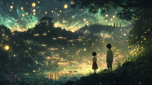 Lantern stratified valleyscape with reflective riverfront observers.