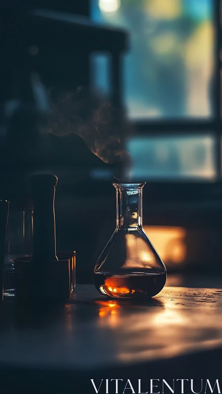 Volumetric flask in moody backlit laboratory still life.