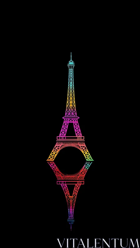 Neon gradient Eiffel Tower with mirrored geometric reflection.