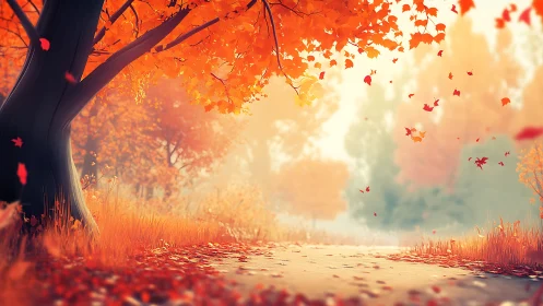 Golden autumn path glows softly beneath drifting leaves