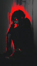 Hooded listener sits in neon red glow with vacant eyes