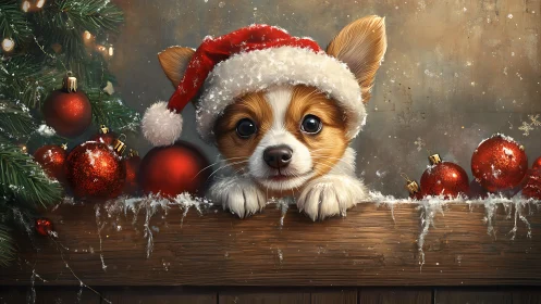Small dog in Santa hat beside decorated tree and baubles.