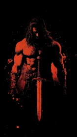 Bloodlit warrior silhouette broods over a hanging sword.