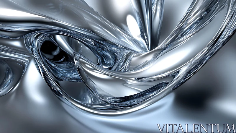 Abstract metallic swirl with liquid chrome texture in digital art.