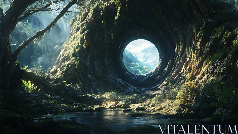 Lush forest tunnel opens onto bright distant valley view.