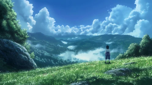 Solitary figure observing distant valley under clouded sky.