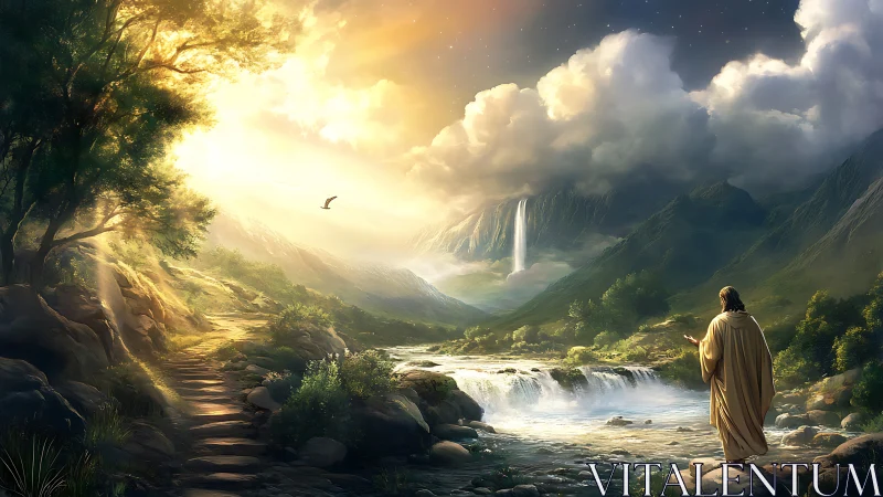 Sunlit wanderer listens as the river translates the heavens