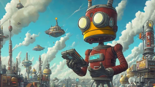 Autonomous survey robot in retrofuturist airborne refinery city.