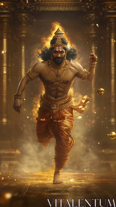 Divine warrior sprinting through golden temple firestorm.