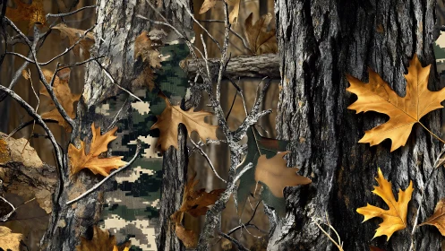 Fallen oak leaves on weathered tree bark with digital artifact overlay