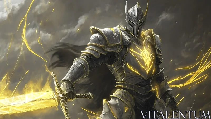 Radiant armored knight rises with a blazing golden sword