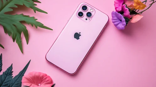 Pink iPhone 13 Pro Max Triple Camera System on Floral Styled Background
