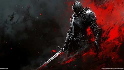 Armored knight with sword against black and red backdrop.