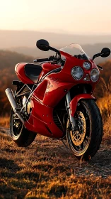 Red sport motorcycle with twin-disc braking in sunset field.
