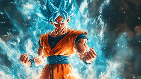 Blue haired anime fighter within concentrated energy field.