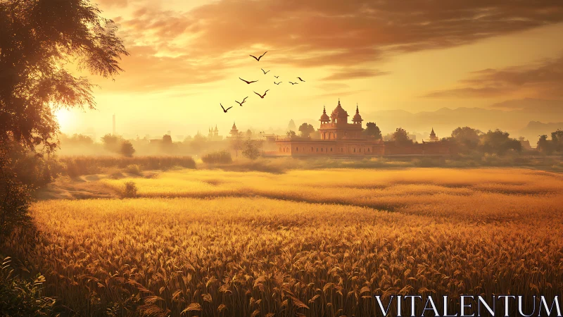 Golden sunrise over temple fields in peaceful countryside.