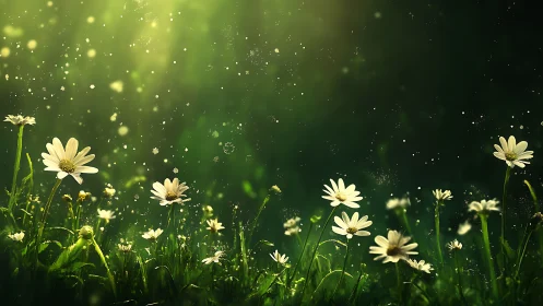 Luminescent Daisies in Verdant Field with Particle Light Effect.