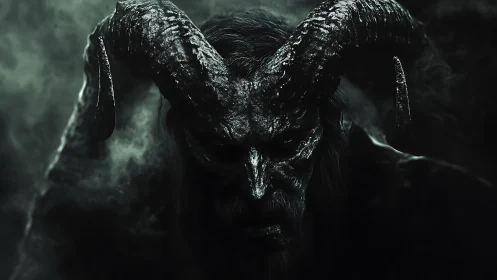 Horned demonic figure emerges from dense swirling shadow