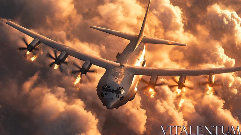 Powerful military aircraft cuts through fiery sunset clouds