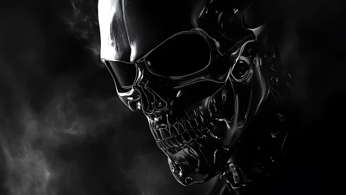 Chrome cybernetic skull emerges from swirling shadowed smoke