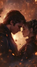 Intimate Moment: Digital Portraiture with Fiery Atmospheric Rendering.