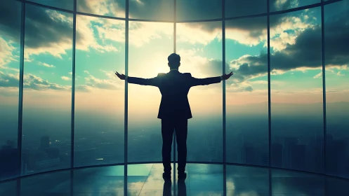 Silhouetted businessman with arms raised in victory, framed by curved glass architectural elements a