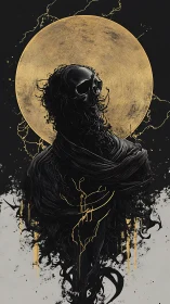 Skull-headed robed figure before large textured circle.