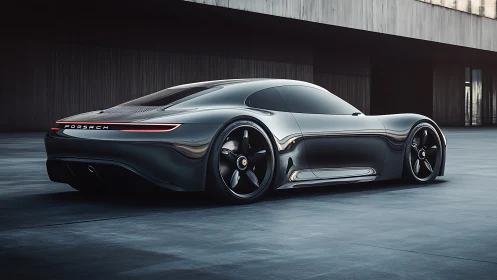 Streamlined dark coupe concept is parked in stark courtyard