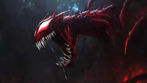 Digital painting of feral crimson symbiote head in voidscape.