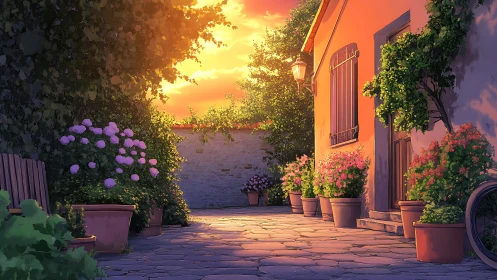 Sunlit courtyard passage with potted plants at sunset.