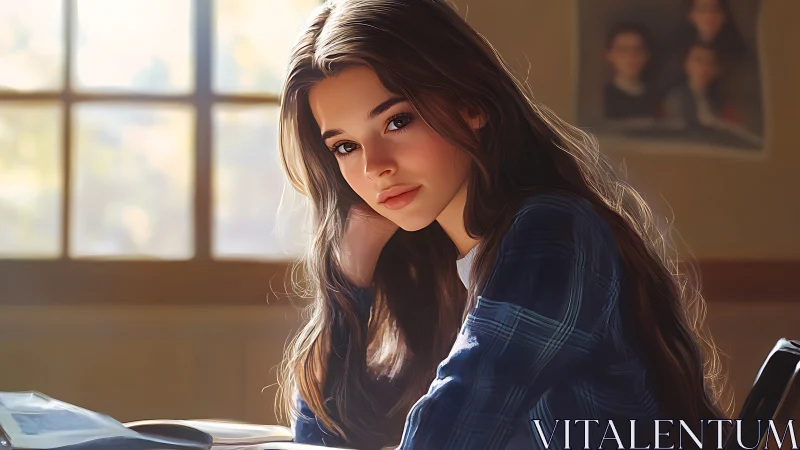 Thoughtful student rests at desk in warm backlit classroom