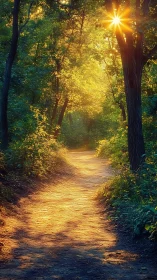 Sunlit forest path with warm evening light glow.