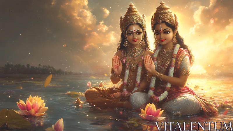 Divine twin goddesses seated on lotus-strewn river at sunrise