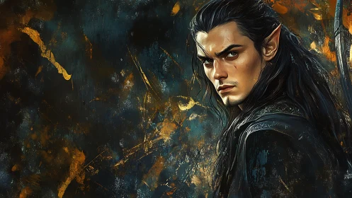 Brooding elf ranger against molten dusk-streaked void.