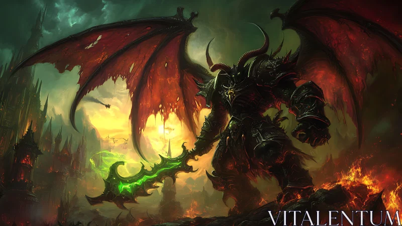 Demonic warlord dominates infernal skyline in dynamic digital painting