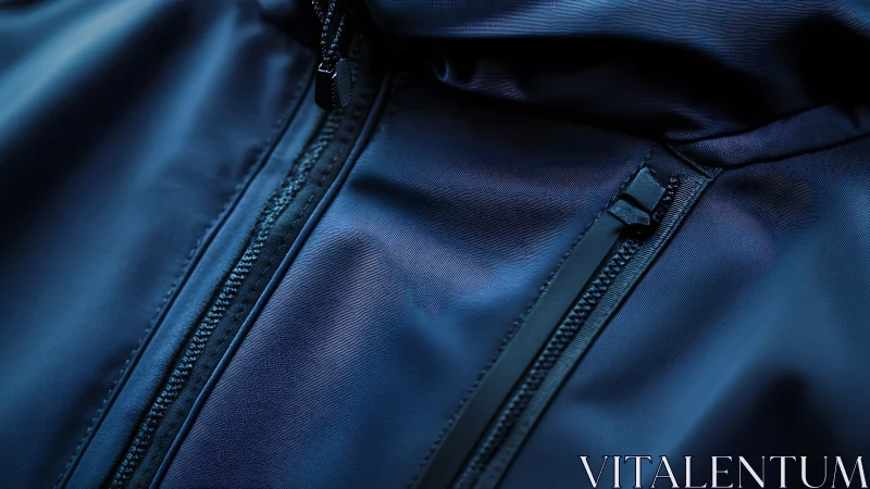 Close-up of Blue Jacket Zippers and Stitching.