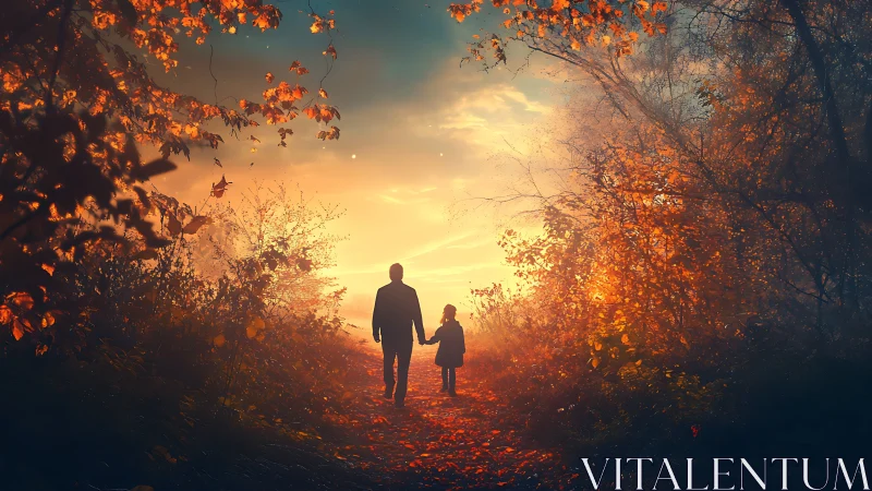 Autumn forest path with parent and child at sunset glow.