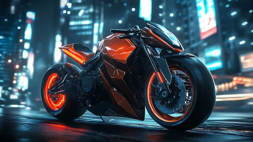 Neon predator bike idling under rain‑slick cyber city glow.