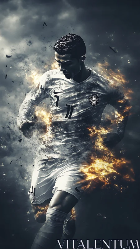 Fiery soccer forward sprints through storming embers.
