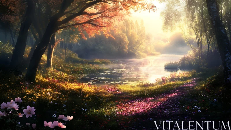 Forest river at dawn with flowering meadow and golden light.