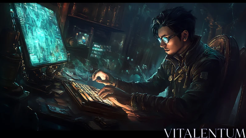 Midnight coder at a glowing steampunk cyber desk.