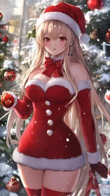 Anime Christmas girl in red Santa dress by tree.