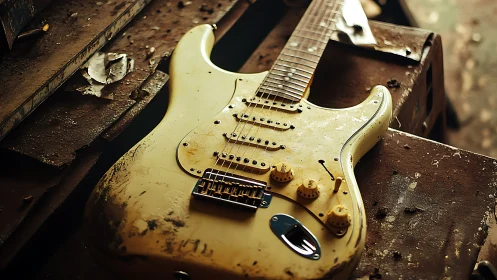 Electric guitar lies on corroded workbench surface in decay