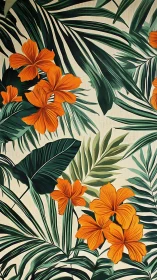 Tropical Floral Composition with Orange Hibiscus and Palm Fronds.